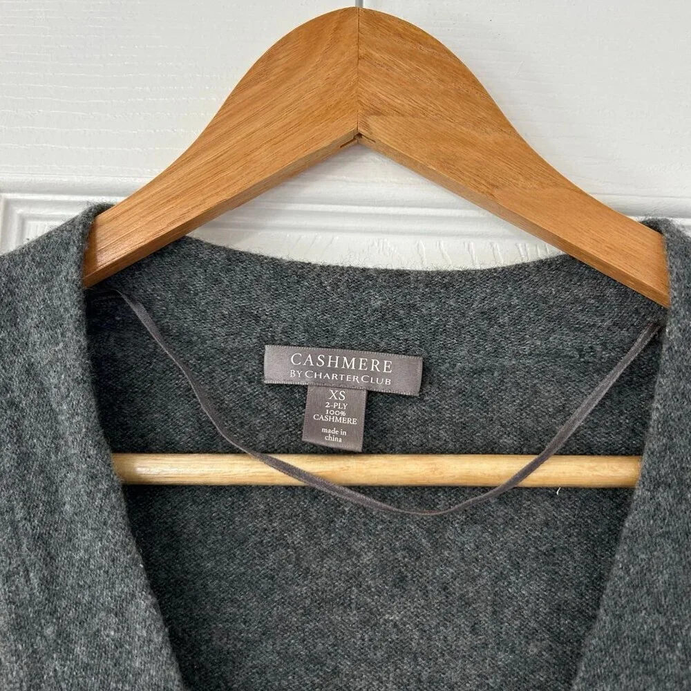Charter Club 100% Cashmere Gray Cardigan Sweater XS 2-Ply Single Button